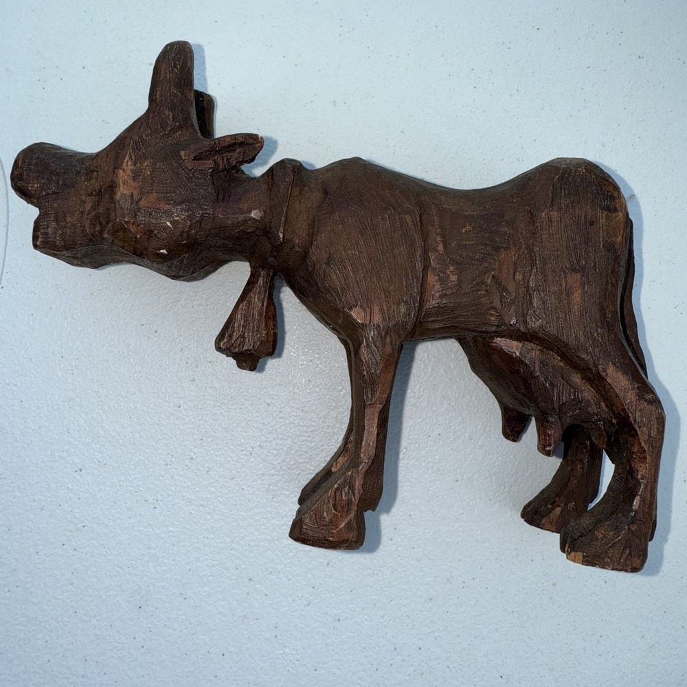 Carved wood cartoon cow bell vtg barnyard Texas longhorn country kitchen folkart